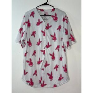 Playboy Baseball Jersey Shirt White Pink All Over Bunny Print size xl